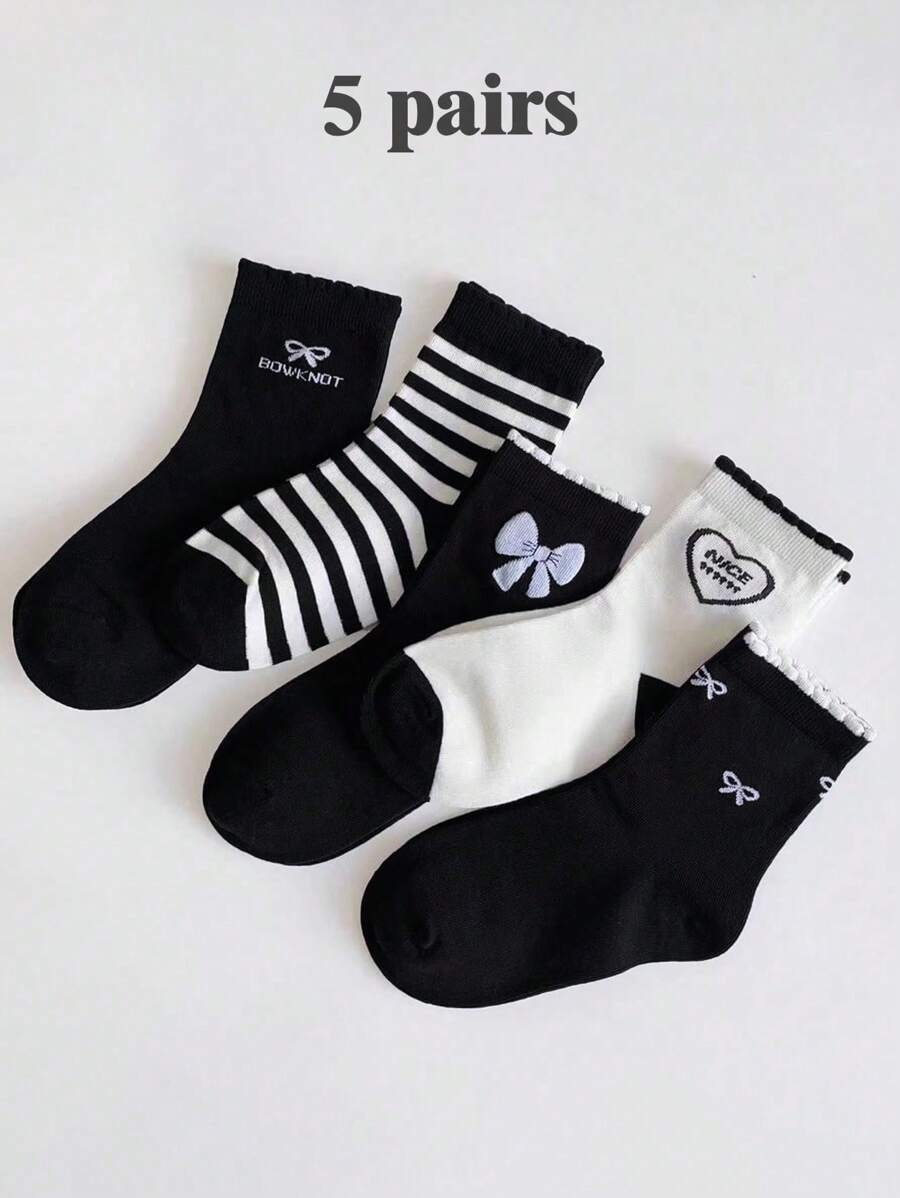 5双公主风荷叶边蝴蝶结条纹袜，休闲运动女童袜，秋冬款 - 彩色 - 查看 1