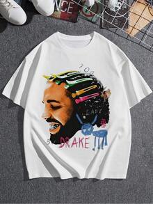 Camiseta de mujer con estampado de retrato abstracto, vibrante, con pinzas de pelo de colores y diseño de animales de dibujos animados, estilo casual artístico, tela de algodón suave, ajuste cómodo. - Blanco - Ver 3