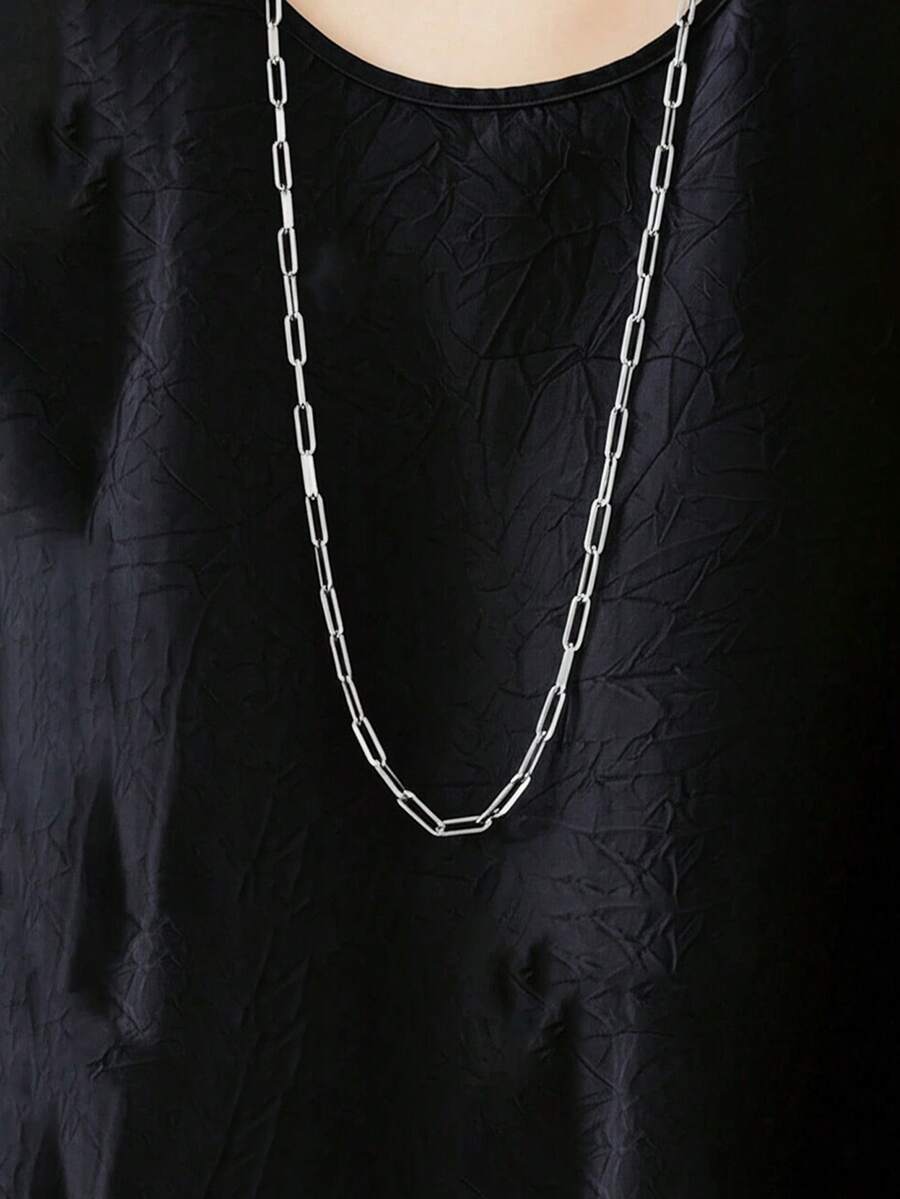 1pc Silver Stainless Steel Geometric Square Long Necklace Chain For Women, Versatile & Fashionable, Suitable For Daily Wear - Silver - View 1