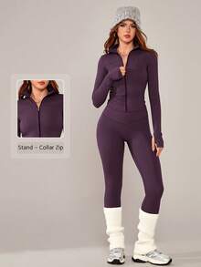 NcmRyu 1套女士修身纯色立领拉链健身跑步健身瑜伽户外运动套装