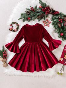 Young Girl' Luxurious Princess Style Velvet Plaid Bow Decor Dress. Velvet Fabric With A Glossy Sheen, Soft And Smooth. Burgundy Velvet Dress Body, Retro And Eye-Catching Flared Sleeves, Plaid Big Bow Adds Sophistication. Suitable For Birthday Parties, Christmas Galas, Stage Performances, Autumn/Winter. - Red - View 2