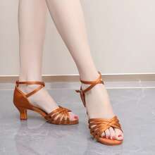 Ladies' Black Mid Heeled Latin Dance Shoes, Classic Five Weave Upper, Ladies' Summer Sandals, High Heels Dance Shoes, Latin Dance Shoes Satin Professional Banquet Party Wedding Jazz Rumba Tango Salsa Practice Performance Dance Shoes Indoor Sandals - Brown - View 7