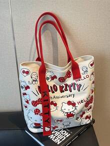Sanrio 1pc Hello Kitty Canvas Bag For Women, Large Capacity Single Shoulder Handbag, Cartoon Cute Commuter Bag, Fashionable And Versatile Shopping Bag, Student Commuter Bag, Large Capacity Mommy Bag, Lightweight Single Shoulder Bag