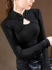 新款镂空复古中国风纽扣装饰修身长袖中式领T恤女春秋季 - 黑色 - 查看 4