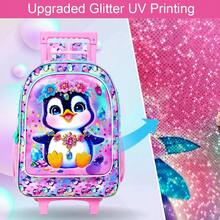 3PCS Penguin Rolling Backpack For Girls, Kids School Backpacks With Wheels, UV Printed Roller Wheeled Bookbag Set With Lunch Box