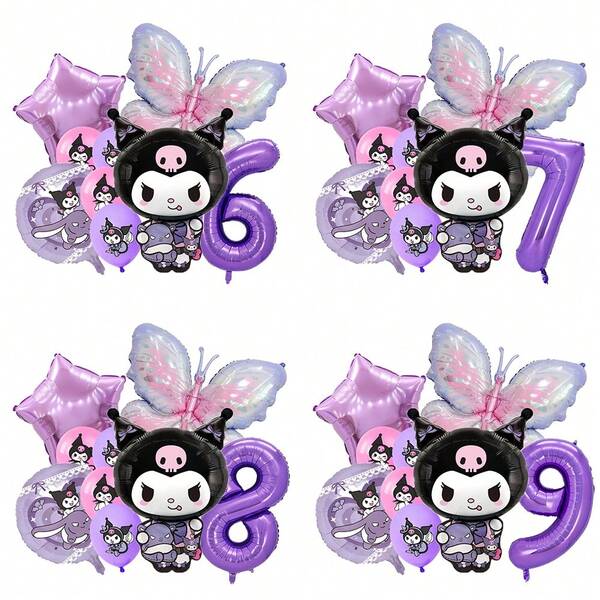 Sanrio Decoraciones de fiesta de Sanrio Kuromi, decoraciones de globos de dibujos animados lindos de Kuromi, set de globos con números de mariposa morada de Kuromi para fiestas de cumpleaños, decoraciones de pared de fondo para fotos de grupo de fiesta de Kuromi, suministros de fiesta con globos con forma de personaje kawaii de Kuromi