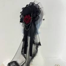 1pc Vintage Bridal Tea Party Headpiece - Floral Lace Veil With Red Rose Accents, Korean/Japanese Style Wedding Photography Parade Accessory, Hand Wash Only Polyester Hair Decor Halloween