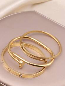 3 件时尚不锈钢高品质花朵锆石女士指甲手镯首饰套装，适合日常佩戴 - 金色 - 查看 2