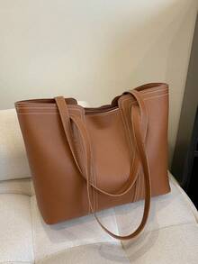 Fashionable & Versatile Simple Stitching Tote Bag - Brown - View 7