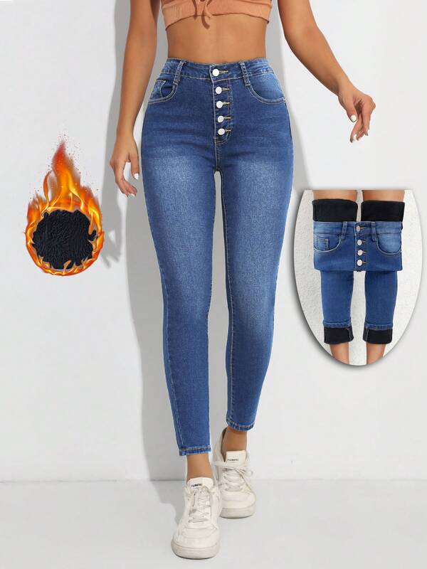 Women's Solid Color Casual Thermal Lined Elastic Waist Pants, Autumn/Winter