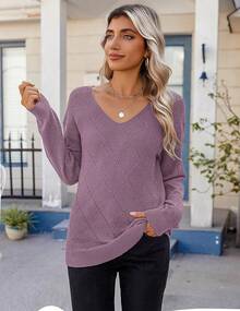 Womens Sweaters Fall 2025 Long Sleeve Knit Pullover V Neck Lightweight Crochet Sweater Tops Dressy Casual Halloween Christmas New Year - 紫色 - 查看 2