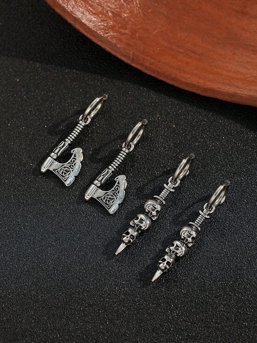 1 Pair Gothic Punk Silver Skull & Viking Axe Pendant Earrings, Suitable For Halloween And Cosplay - Antique Silver - View 1