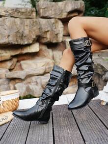 Women's Pleated Buckle Vintage Knight Metal Buckle Casual/Daily Brown/Black Synthetic Leather Tall Boots, Snug Fit On Calves, Stable Walking, Comfortable And Stylish, Suitable For Beach, Party, Daily, Commute, Wedding, Vacation, Outdoor Activities - Black - View 2
