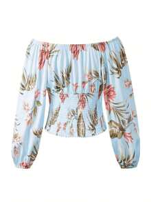 Áo trễ vai nữ, kiểu dáng thanh lịch, đơn giản, họa tiết hoa, tay dài, xếp ly, thắt eo giúp thon gọn, thích hợp cho các hoạt động hàng ngày, ở nhà, đi làm, dạo vườn, tụ họp, sân bay, tiệc cưới mùa hè, tiệc mùa xuân. - Màu xanh lam - Xem 3