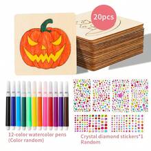 Juego de 20 plantillas de pintura de madera con temática de Halloween, que incluye 12 lápices de colores y 1 hoja de pegatinas perforadas, adecuado para manualidades - Plantillas de pintura DIY, que incluyen diseños como calabazas, fantasmas, esqueletos y pequeños diablos - Adecuado para decoración del hogar, regalos hechos a mano para Halloween y proyectos creativos!