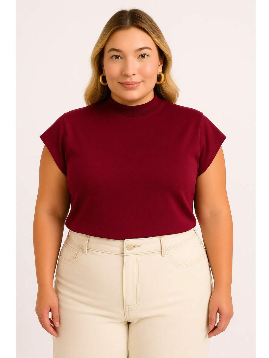 T-Shirt Muscletee Blouse Plus Size In Black Brown White Cotton Knitted Fabric Office Spring Summer - Maroon - View 1