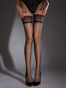 1双撞色蕾丝透明过膝长筒袜，亮面波点超薄1D修身舒适袜