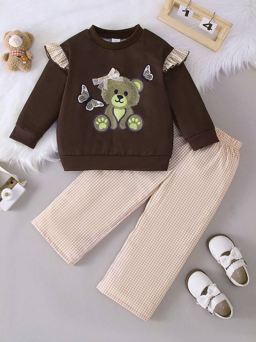 2 件女童休闲可爱熊和蝴蝶结印花运动衫 + 格子图案宽松裤户外套装，秋冬 - 棕色 - 查看 1