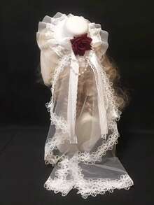 1pc Vintage Bridal Tea Party Headpiece - Floral Lace Veil With Red Rose Accents, Korean/Japanese Style Wedding Photography Parade Accessory, Hand Wash Only Polyester Hair Decor Halloween