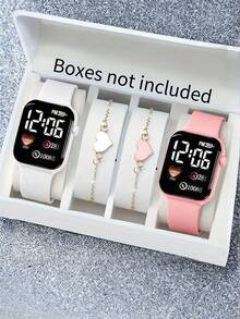 4件套时尚可爱情侣数字手表和心形手链套装，适合学生及各种场合佩戴