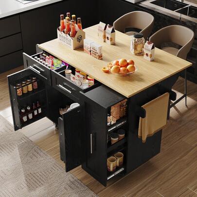 Modern Kitchen Island, Kitchen Cabinet, Buffet Cabinet, Dining Cart With Wood Grain, Dining Table With Storage Space, Dining Cart With Snack Shelves And Stretch Function Cabinets, Black