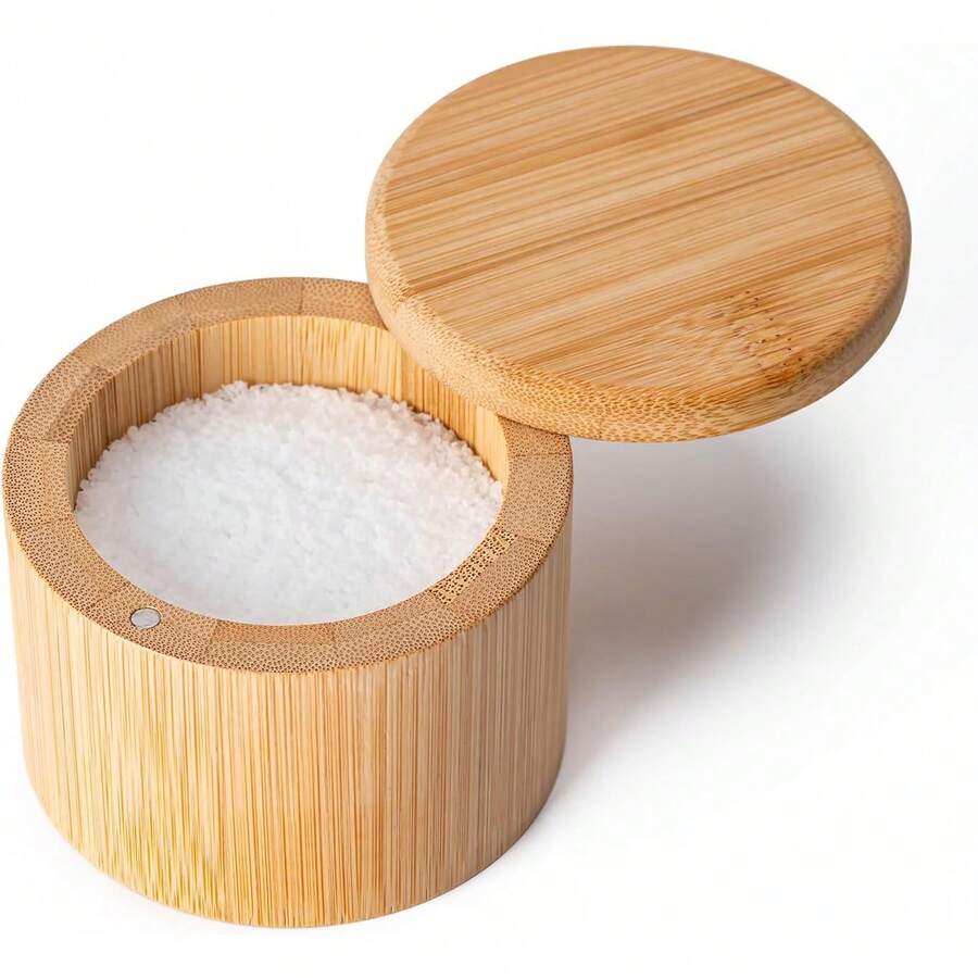 Bamboo Salt Cellar, Magnetic Swivel Lid Salt Box, Round Container For Storing Pepper Sugar Herbs, 6 Ounce Capacity