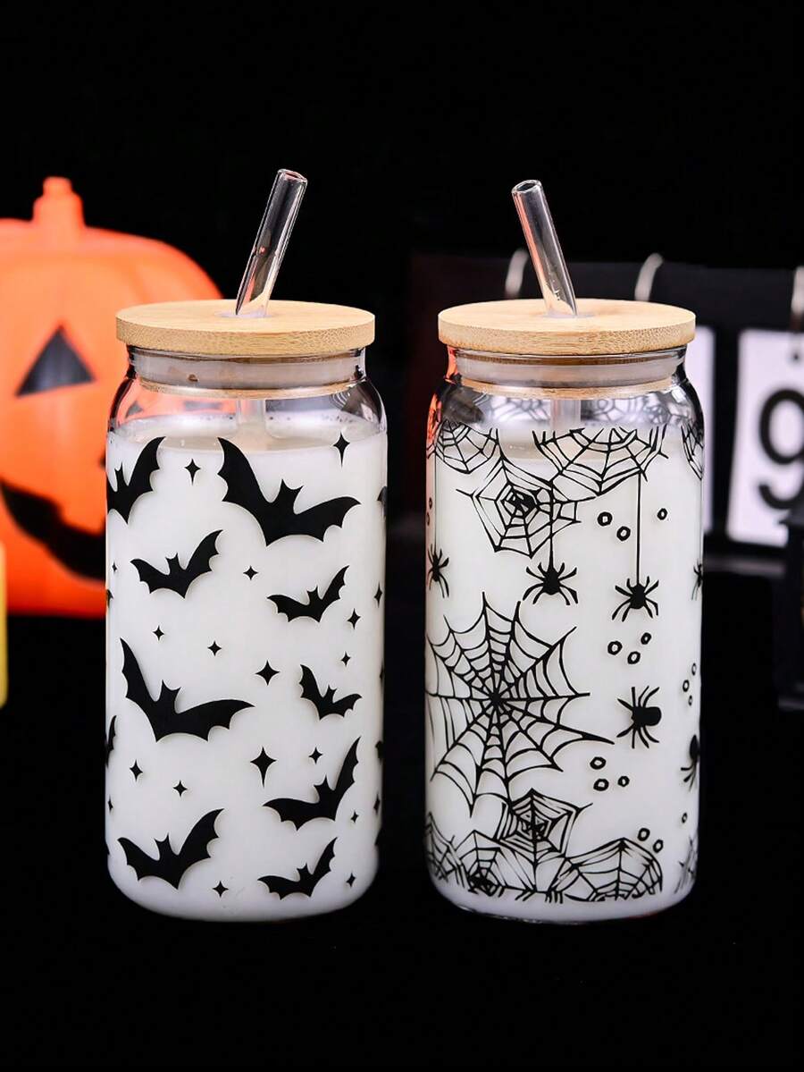 1pc Cute Halloween Glass Cup With Bamboo Lid & Reusable Straw - 500ml Jar Design, Bat, Spider, Ghost & Floral Decor, Suitable For Beer, Juice, Iced Coffee - Halloween Party Decor & Summer Beverage Container, Fun Drinking Glass, Bat Pattern, Durable Glass, Themed Glass Cup, Trick Or Treat
