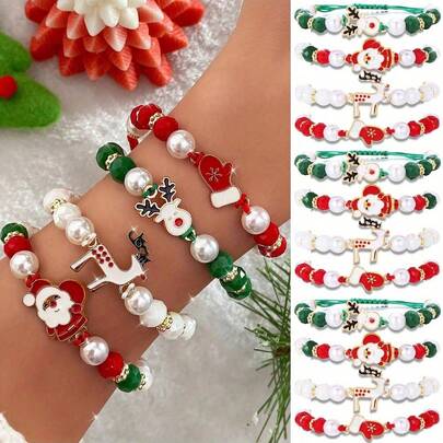 4 件优雅圣诞饰品手链套装，适合女性，包括可爱的圣诞老人、驯鹿和手套珠饰，节日礼物，派对配饰 - 适合所有季节