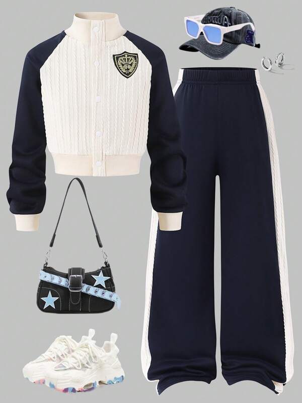 Set 2 buc. fete, jachetă stil campus cu guler rotund în culori contrastante și pantaloni casual cu picior drept, toamnă/iarnă