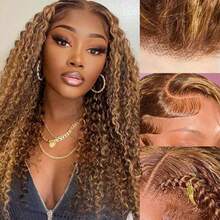 ownvmor Ombre Highlight Deep Wave Curly BOB Lace Front Wigs For Women Human Hair Pre Plucked Wear And Go Glueless 12 Inch Honey Blonde 4/27 13x4 HD Lace Frontal Short Curly BOB Wigs - S4/27 - 查看 8
