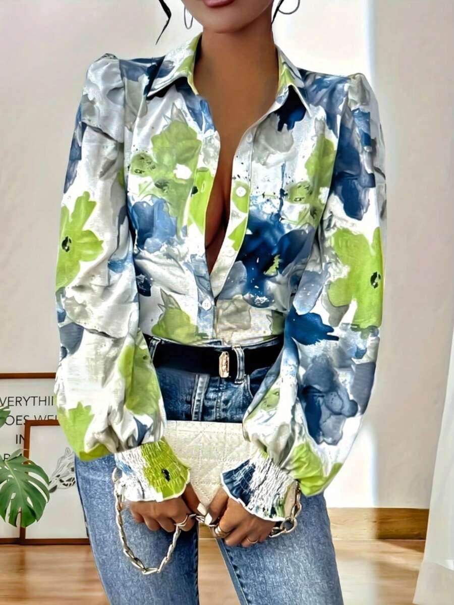 Chemise élégante de style vacances printemps/été pour femmes, imprimé floral, col à revers, manches lanternes, blanc décontracté - Blanc - Voir 1