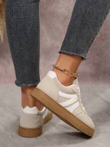 秋冬款 1 双女式时尚运动鞋，几何图案 PU 鞋面，系带闭合，复古圆头，休闲运动鞋 - 米色 - 查看 2