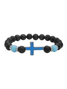 1pc Volcano Stone Night Glow Vintage Bracelet, Multicolor Luminous Cross Beads Jewelry For Boys And Girls
