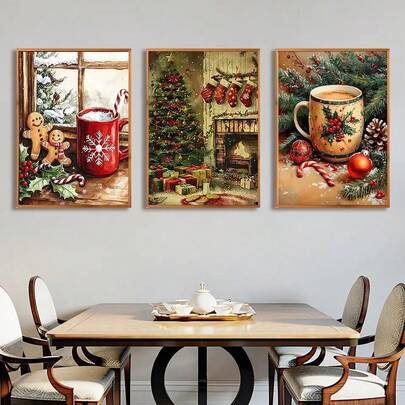 YIKES 1/3PCS Christmas Decoration Canvas Art - Optional Wooden Frame, Room Decoration Stuff, Equipped With Red Cups And Candy Cans, Suitable For Comfortable Winter Home Decoration In Living Rooms, Kitchens Or Offices, Perfect For Christmas Or Daily Gifts, Gingerbread Christmas Decorations