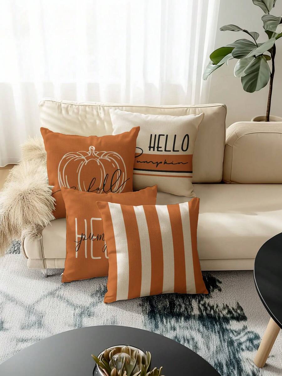 4pcs Autumn/Thanksgiving Decorative Pillow Covers, Linen Blended Fabric, Turkey, Pumpkin, Leaves Patterns, Hypoallergenic Polyester Material, Hidden Zipper, No Filling, Suitable For Home Decor, Room Decor, Living Room, Throw Pillow Cases, Cushion Covers, Sofa Decorative Pillows, Decorative Sofa Cushions, Home Decor, Pillow Shams, Soft Pads.
