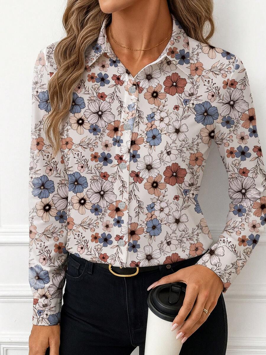 全新时尚优质女士长袖纽扣衬衫，花卉和叶子印花，正面纽扣开合