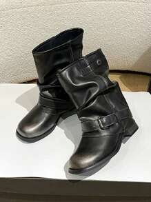 2025 新款西部风格中筒粗跟女靴，褶皱叠层鞋跟，圆头，复古英伦骑士靴，黑色