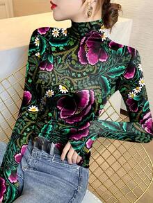2024 Spring/Autumn Floral Print Long Sleeve Women's T-Shirt, Slim Fit Layering Turtleneck Top - Multicolor - View 1