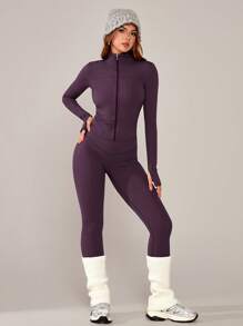 NcmRyu 1套女士修身纯色立领拉链健身跑步健身瑜伽户外运动套装