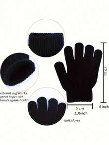 12/1 Paio di guanti invernali caldi per bambini - guanti a maglia morbida a dita intere per climi freddi con polsini elastici, disponibili in più colori (nero mostrato), adatti per bambini e bambine, lavare a mano, protezione dal freddo (colore casuale dei guanti)