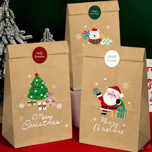 12 piezas Bolsas de regalo de Navidad (12 piezas por diseño) Bolsas de papel con diseño de Papá Noel, Bolsas de embalaje de manzana de Nochebuena