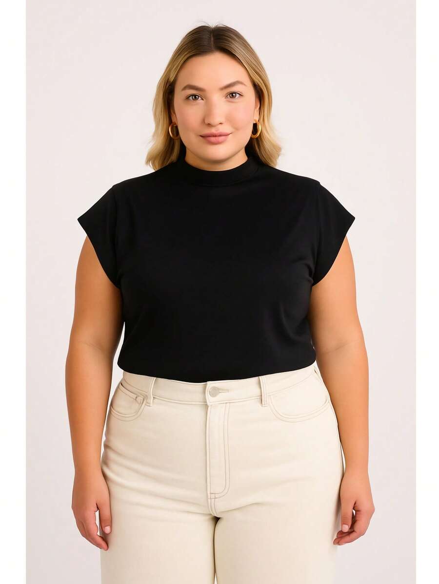 T-Shirt Muscletee Blouse Plus Size In Black Brown White Cotton Knitted Fabric Office Spring Summer - Black - View 1