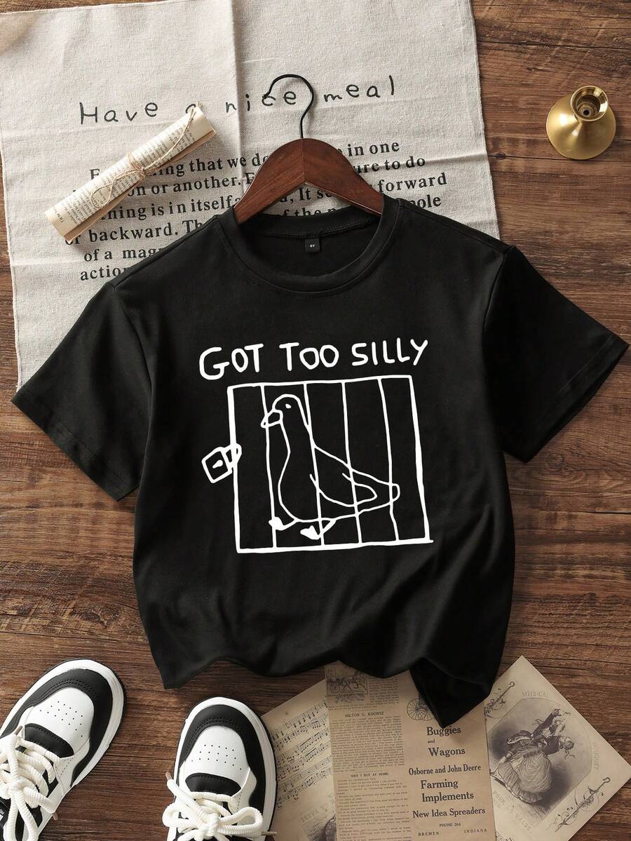 1 Pack Girls Casual Printed Crew Neck Short Sleeve T-Shirt Summer Student Youth Clothing - 黑色 - 查看 1