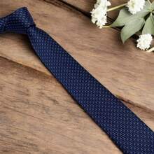 Luxury Men's Skinny Tie Polyester Silk Solid Color Polka Dots Slim Jacquard Groomsmen Tie - 水鴨藍 - 查看 4