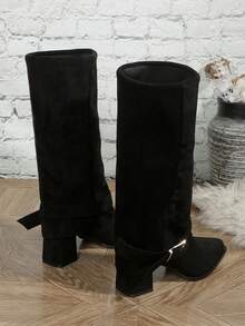 Fall/Winter Slimming Suede Shaft Over-The-Knee Chunky Heel Pointed Toe Buckle Slip-On Knee-High Boots For Women - Black - View 6
