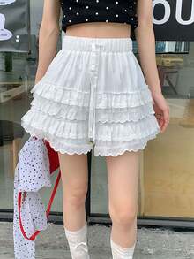 分层荷叶边网眼拼接蕾丝花边松紧腰甜美蛋糕裙裤，随机图案 - 白色 - 查看 4