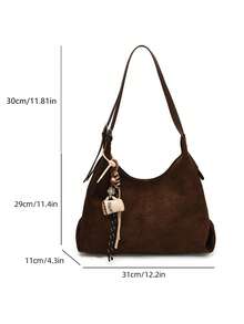 1pc Low Tea Solid Color Suede Fabric Shoulder Bag, Women's Vintage Casual Large Capacity One Shoulder Messenger Bag, Double Handle Design, Zipper Closure, Pleated Design, Magnetic Snap Closure, Suitable For Daily Shopping (Sold With Pendant) - Coffee - View 3