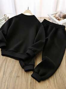 2 - Piece Set Boy Street Style "BRUH" Print Set, Comfortable And Elastic, Spring Autumn Daily Leisure Wear - Black - View 2