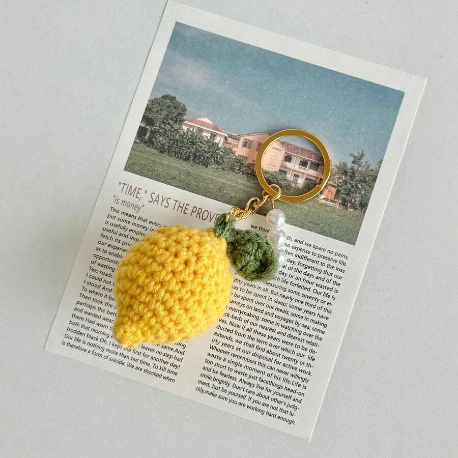 1pc Crochet Easter Lemon Keychain, Handmade Wool Keychain Charm, Easter Holiday Supplies Lemon Crochet Keychain