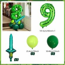 40 Inch Green Pixel Miner Themed Balloon Set, Diamond Sword Aluminum Film Balloon Jungle Game Event, Birthday Party Decoration